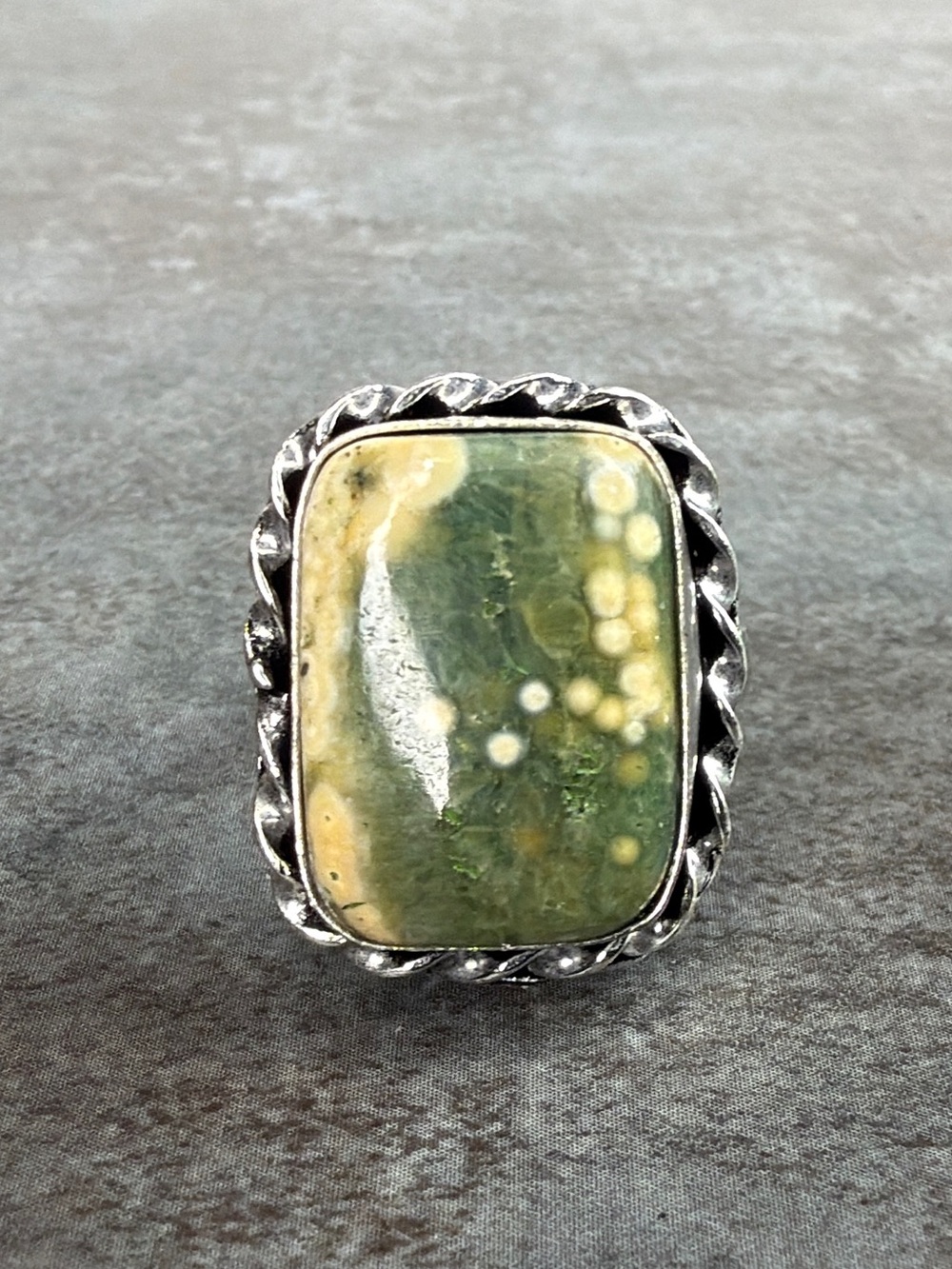 Vintage Style Boho Ocean Jasper Silver 925 Overlay Ring Size 9 Women Jewelry